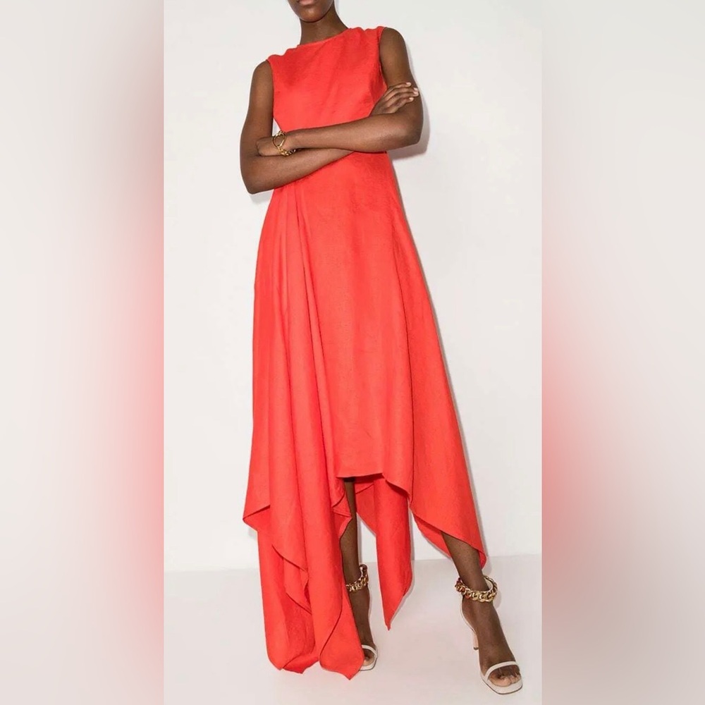 SOLACE LONDON Esther Asymmetric-Hem Maxi Dress Royal/Coral Red Linen Size 2 Gown